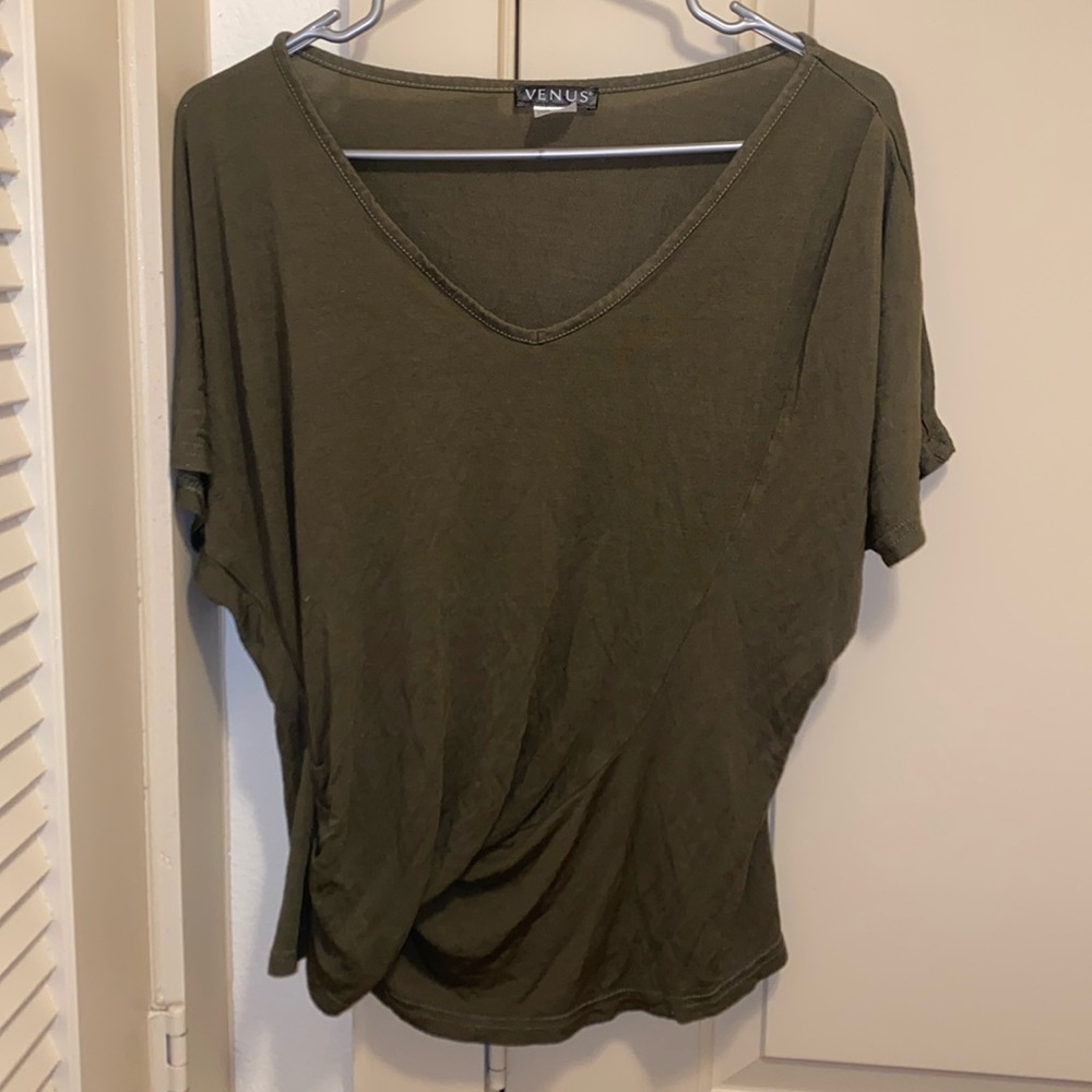 Army green, v-neck, ruched sided t-shirt!